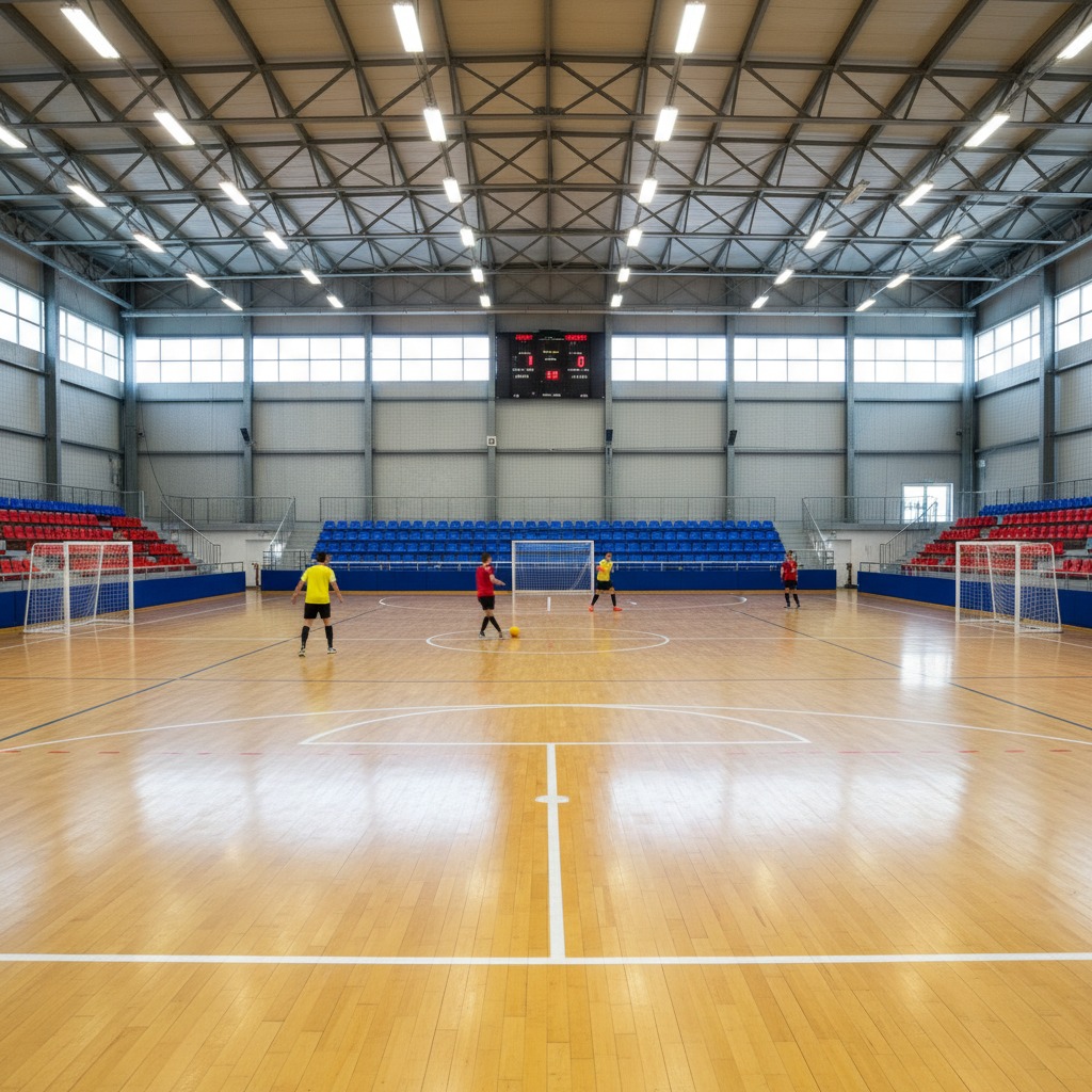 Voetballers spelen zaalvoetbal op een houten veld in een grote sporthal met blauwe en rode tribunes.